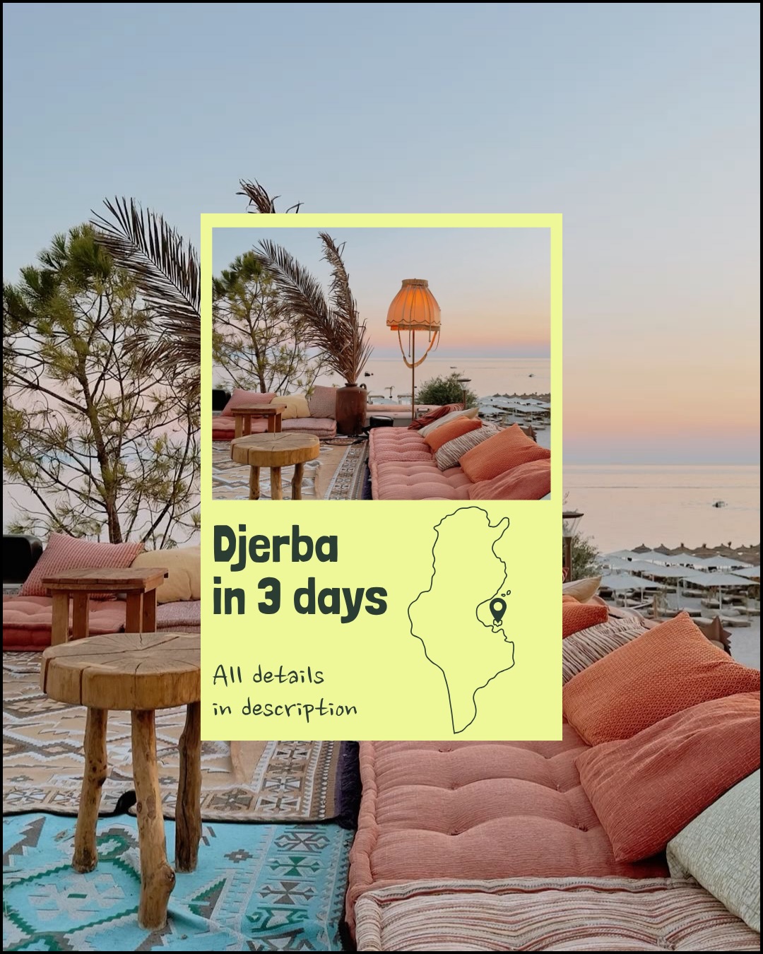 🇹🇳 Djerba in 3 days:

Day 1:
Start by wandering through the charming streets of Houmt Souk, explore the colorful local